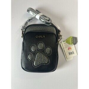 Chala Black Vegan Leather Gray Dog Paw Crossbody All Around Zipper Handbag NEW